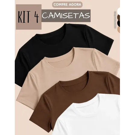 Kit 4 blusas femininas suplex nas cores preto, branco, marrom e nude