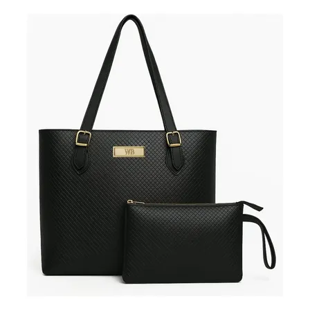 Kit bolsa tipo sacola grande com carteira feminina cor preta desenho do tecido trançado Willibags