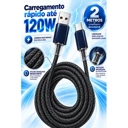 Cabo USB Tipo C de 2 metros com revestimento em náilon trançado e pontas reforçadas