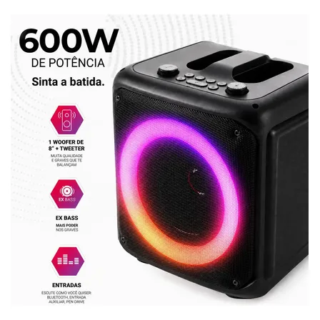 Caixa de som bluetooth portátil preta com alto-falante de 6,5 polegadas, luzes RGB e função karaokê
