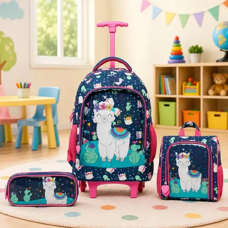 Kit Escolar Infantil Yupe 3 em 1 com Mochila de Rodinhas Azul, Lancheira e Estojo com Estampa de Lhama