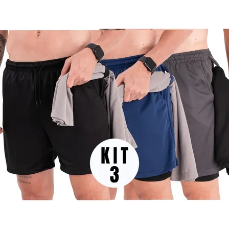 Kit 3 Shorts Masculinos 2 Em 1 Esportivos Com Bolso Interno