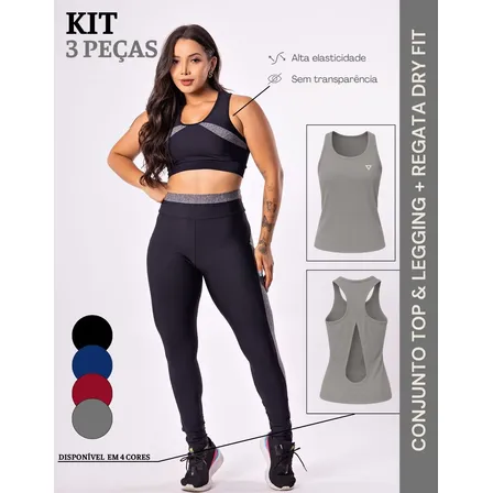 Kit Conjunto Fitness Feminino com Legging e Regata