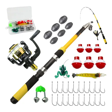 Kit de pesca com vara, molinete e acessórios na cor amarela