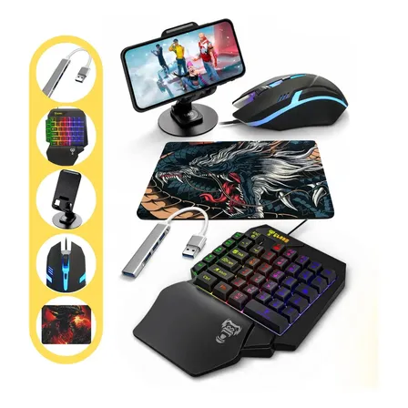Kit Mobilador Teclado Uma Mão RGB Mouse Hub Gamer Celular