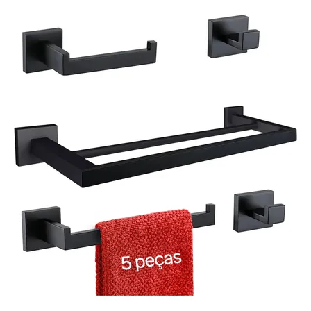 Kit 5 Acessórios Banheiro Inox 304 Toalheiro Duplo cor preto
