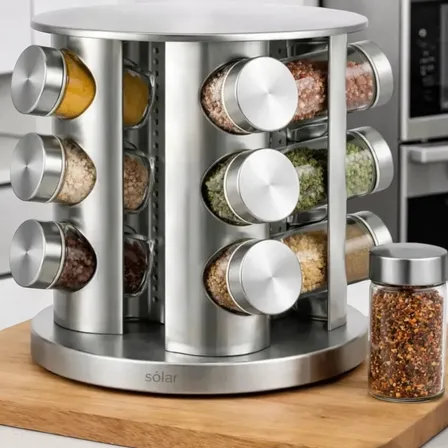 Porta Tempero Condimentos Giratório 12 Potes Inox Luxo Prata