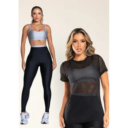 Kit Conjunto Cropped Legging + Blusa Fitness Academia P