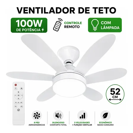 Ventilador de teto 52 cm branco com lâmpada LED e controle