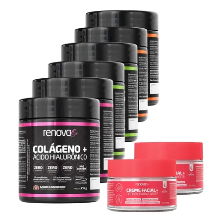 Kit 6x Colágeno + Ácido Hialurônico Renova Be Colágeno Hidrolisado Zero Lactose Vitaminas E, C, B6 Biotina e Zinco