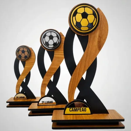Kit de 3 troféus de futebol em acrílico e MDF nas cores ouro, prata e bronze