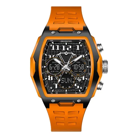 Relógio digital masculino com pulseira em aço inoxidável e detalhes na cor laranja