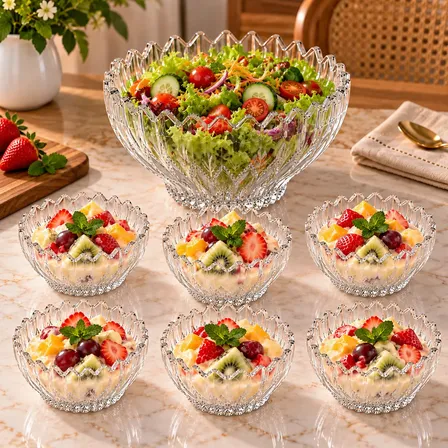 Jogo de sobremesa Brazilia com 7 peças, incluindo saladeira e bowls transparentes