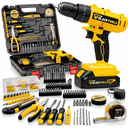 Parafusadeira Furadeira De Impacto The Black Tools Profissional a Bateria Com Maleta + Kit Acessórios 134 Peças Tbkit24