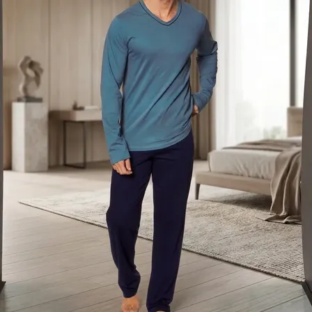Pijama Masculino Mash Manga Longa Gola V Elast.embutido Azul Liso G