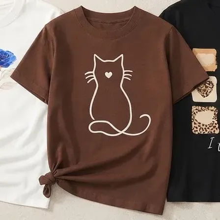 Kit 3 T-shirt Camisetas Fem Gato Flor Coração Polo Joker Branco/preto/café Gg