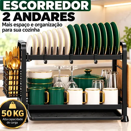 Escorredor De Louça 2 Andares Aço Carbono Talheres Pratos Preto
