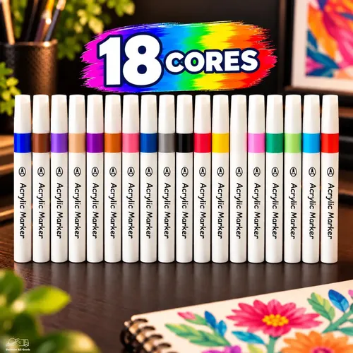 18 Cores Kit Conjunto Caneta Acrílica Marcador + Maleta Canetinha Ponta Pincel Profissional Desenho Pintura Colorir Marcadora Estojo