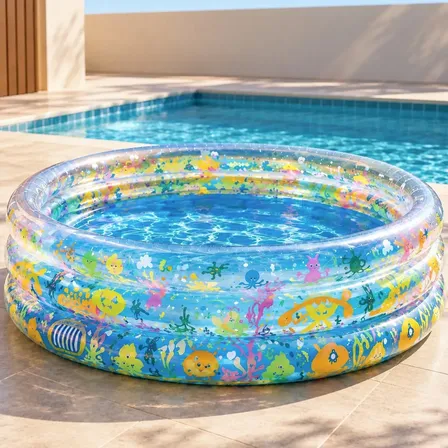 Piscina infantil inflável de 253 litros com 3 anéis na cor azul e transparente