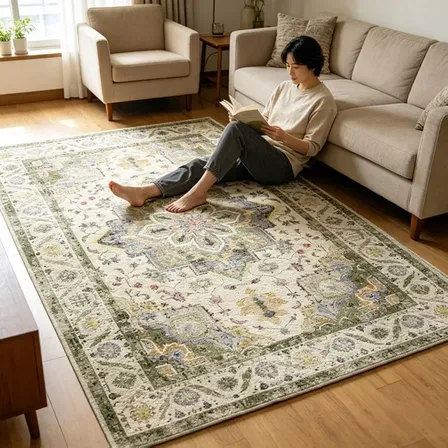 Tapete vintage antiderrapante na cor verde com dimensões de 1.9m por 1.3m