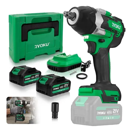 Chave de impacto brushless Ryoku verde com maleta e duas baterias