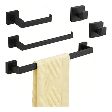 Kit 5 Peças Acessórios Banheiro Aço Inoxidável Toalheiro Quadrado Luxo Hidralia Preto Fosco