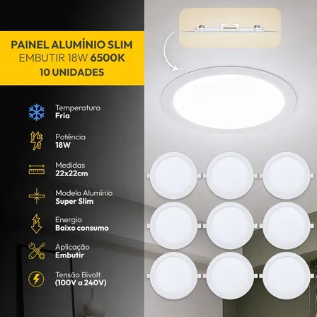 Kit 10 Painel LED Plafon 18W Embutir Redondo
