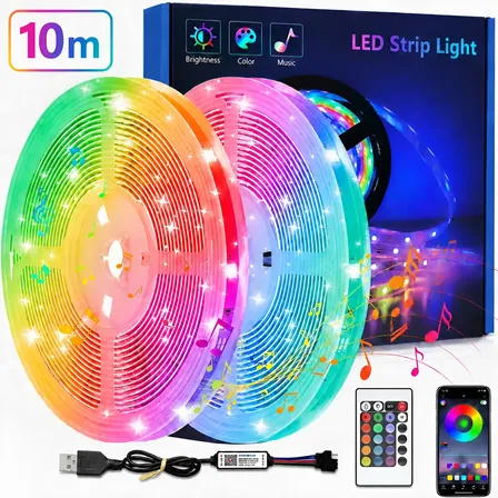 Fita LED RGB 10m com conexão USB, Bluetooth e controle remoto