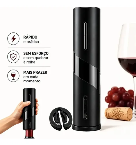 Abridor De Vinho Elétrico Saca Rolha + Cortador A Pilha Preto