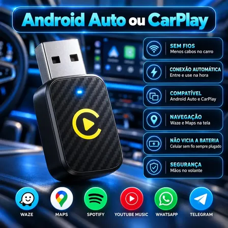 Adaptador CarPlay Sem Fio Android Auto 2 em 1 USB Wireless Automático Plug Play para Carro Multimídia iPhone Android Conexão Rápida