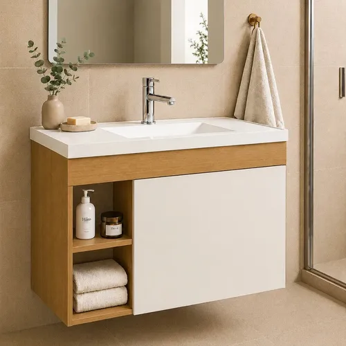 Armário Gabinete Suspenso para Banheiro com Cuba Compacta Moderna Nature/Off White - Blue Moby