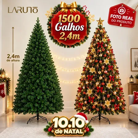 Árvore de Natal Pinheiro Luxuosa 2,40m 1500 Galhos Cheios Verde Dobrável Decoração de Natal LARUNO