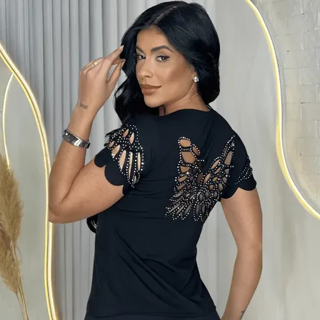 Blusa Feminina Baby Look Corte A Laser Borboleta Brilhosa