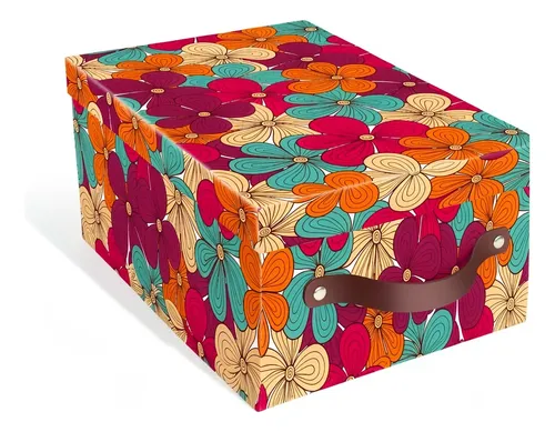 Caixa Para Organizar Floral Colorida 32x22x8,5cm Alça Tampa Colorida Floral