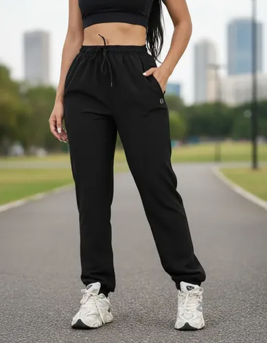 Calça Feminina Jogger Em Tactel Com Elastano Bolsos E Cordão Preto Liso Gg