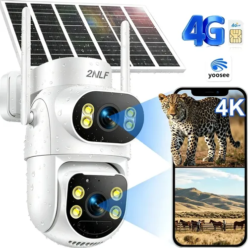 Câmera Segurança Solar Externa 4G LTE Sem necessidade de Wi-Fi App Yoosee Dupla Lente PTZ 360° IP66 À Prova D'água Visão Noturna Painel Solar Bateria 10.000mAh Com Chip SIM