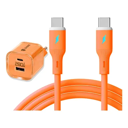 Carregador Gan 280w + Cabo Silicone 1m Tipo C 65w Kit Turbo Laranja