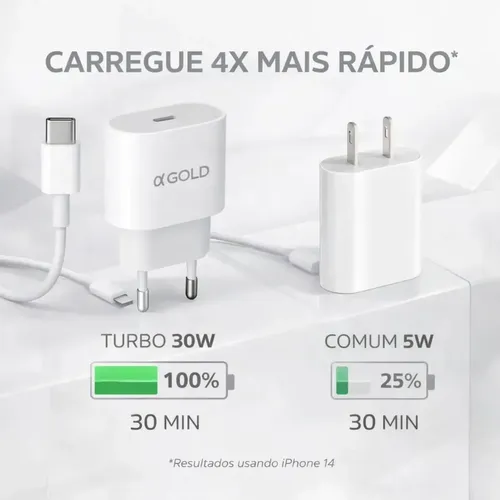Carregador Turbo 30w Para Iphone 8 X Xr 11 12 13 14 Pro Max Com Cabo 1 Mt Carga Rapida