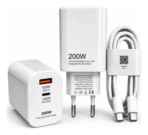 Carregador Turbo Usb-c 200w Tipo C Porta Dupla Super Rápido Branco