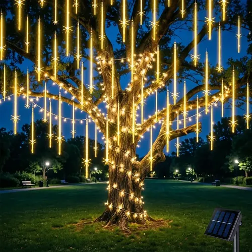 Cascata 8 Pingentes 50cm Led Solar Meteoro Natal Decoração Branco Quente 127/220v