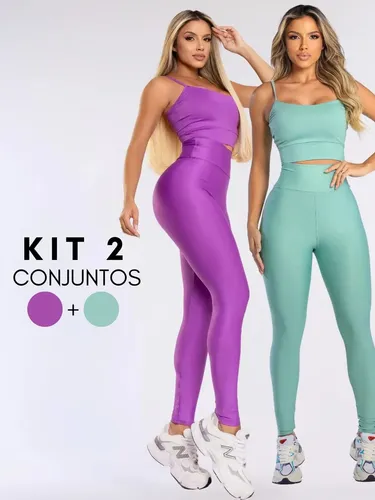 Combo 2 Roupas Academia Feminina Top E Legging Blackout Roxo E Verde Claro M