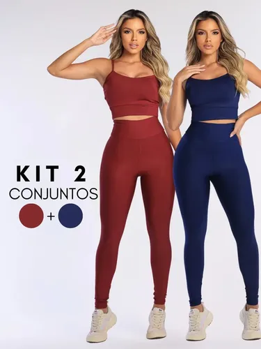 Combo 2 Roupas Academia Feminina Top E Legging Blackout Vinho E Azul Marinho G