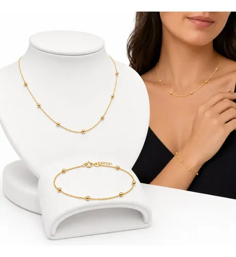 Conjunto Com Bolinhas Colar E Pulseira A Ouro 18k Luxo Ouro 18k