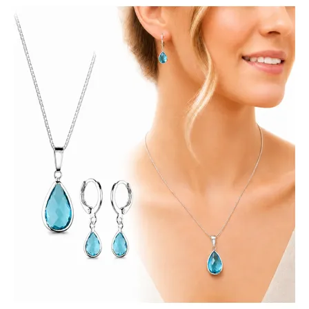 Conjunto Gota Azul A Prata 925 Folheado Colar E Brinco Linda Azul-turquesa