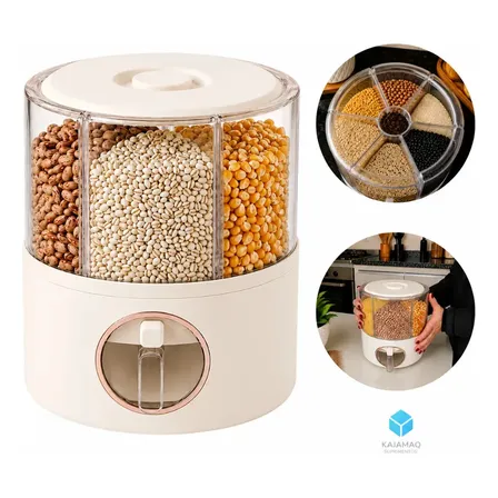 Dispenser Giratorio Organizador Alimentos Com 6 Divisoes Armazena Graos Cereais Arroz Feijao Indicado Para Cozinha Supermercado Mercearia Doceria Com Copo Medidor Bege