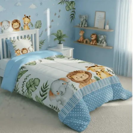 Edredom 400 Fios Solteiro Estampado Infantil Macio Quente Safari Baby Azul