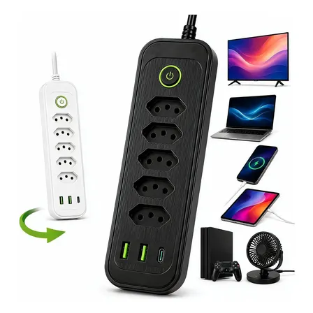 Extensão Elétrica 5 Tomadas 6 Usb 2500w Régua Bivolt Cabo 2m Preto-5tomadas/2usb-a/1usb-c 127/220v