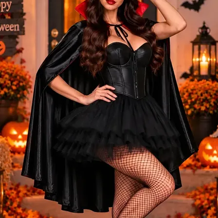 Fantasia Vampira Bruxa Halloween Capa Meia Saia Tiara Preta E Vermelha 120