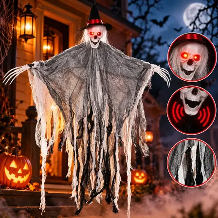 Fantasma Decorativo JogoJunto de Halloween com Caveira, Som e Olhos LED Vermelhos