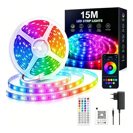 Fita De LED BYSL Bluetooth RGB De 15m Com Controle E Fonte Para Sanca, Nichos E Quarto